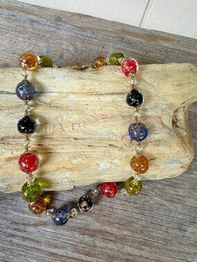 Glass Bead Necklace Multicolor Murano Style Gold Tone Clasp 18in Vintage